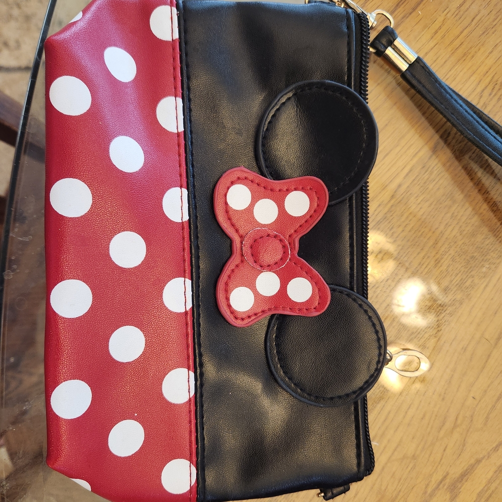 Minnie Mouse Polka Dot Bow Accent Women's Small Wristlet Bag